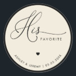 Ivory & Black His Favorite Wedding Favor   Classic Round Sticker<br><div class="desc">Add a charming detail to your celebration with this ivory and black his favorite wedding favor sticker, perfect for labeling the groom’s treat selection at your reception. The classic typography and timeless black and ivory palette create an elegant style ideal for wedding receptions, engagement celebrations, rehearsal dinners, bridal showers, and...</div>