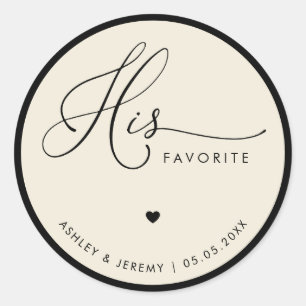 Ivory & Black His Favorite Wedding Favor   Classic Round Sticker