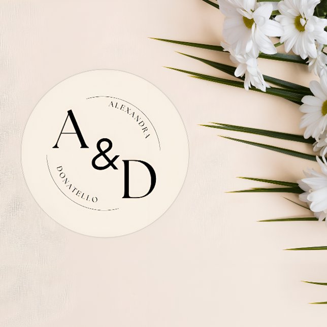 Ivory Black Minimalist Monogram Wedding Classic Round Sticker (Creator Uploaded)
