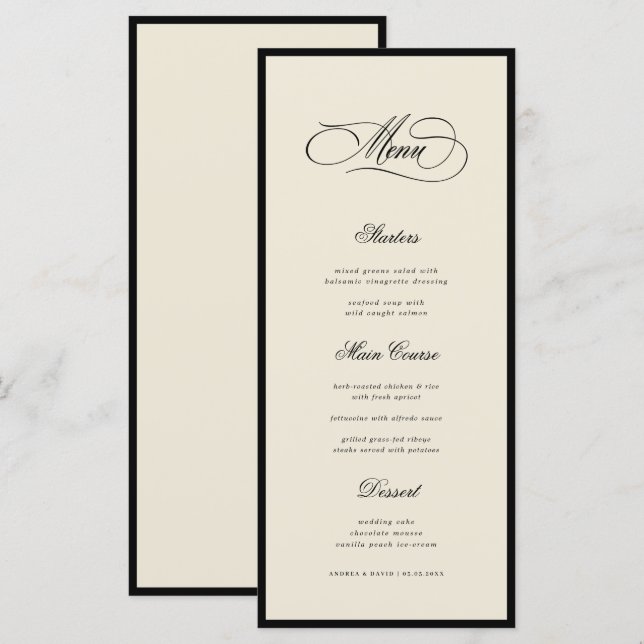 Ivory & Black Old Money Aesthetic Retro Wedding Menu (Front/Back)