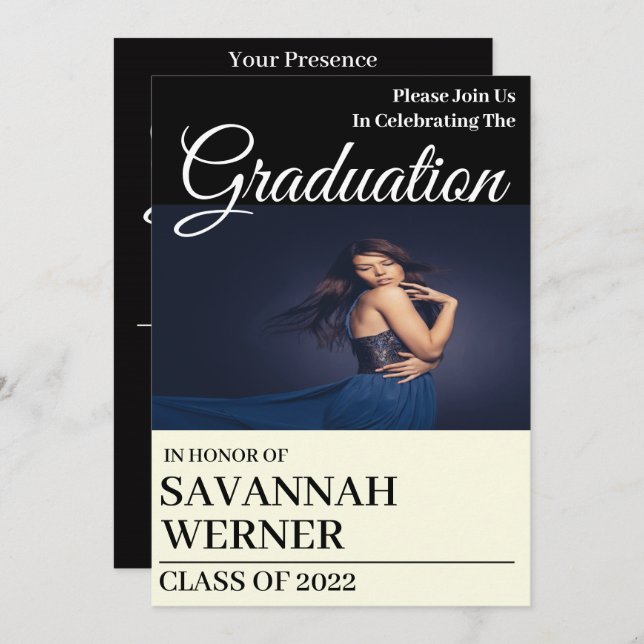Ivory & Black Photo Graduation Party Invitation (Front/Back)
