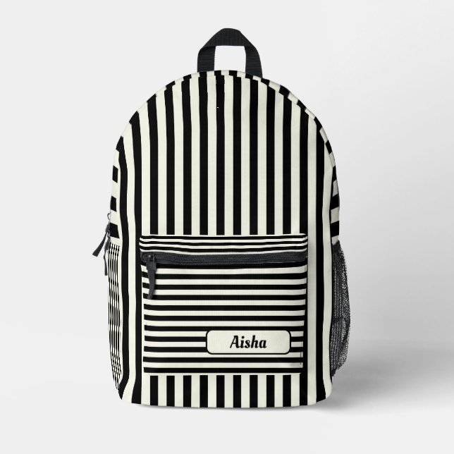 Ivory Black Vintage Striped Name Printed Backpack (Front)