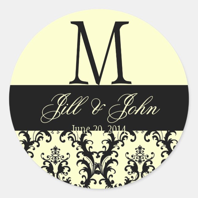 Ivory Black Wedding Monogram Save Date Damask Seal (Front)
