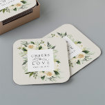 Ivory Bloom Floral Frame "Cheers to Love" Wedding Square Paper Coaster<br><div class="desc">Our Ivory Bloom watercolor floral wedding collection features delicately painted watercolor greenery,  eucalyptus leaves,  green botanical foliage and white and ivory peony flowers. "Cheers to love" appears in classic lettering with calligraphy script accents. Personalise these custom coasters with your initials and wedding date,  or your choice of custom text.</div>