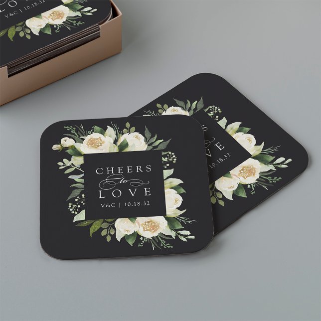 Ivory Bloom Floral Frame "Cheers to Love" Wedding Square Paper Coaster (Creator Uploaded)