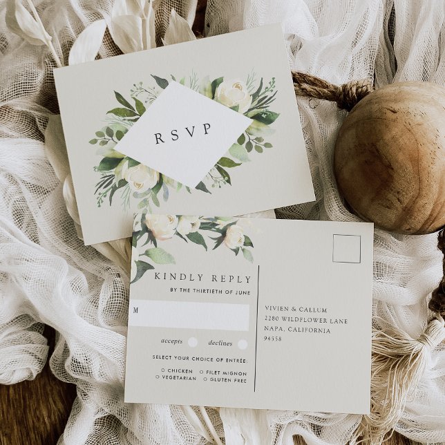 Ivory Bloom Floral Wedding Meal Choice RSVP Postcard (Creator Uploaded)