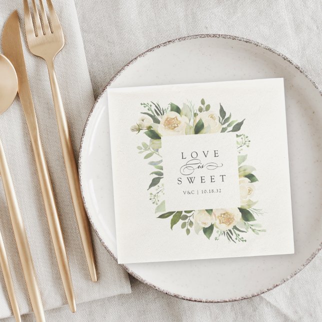 Ivory Bloom | "Love Is Sweet" Floral Frame Wedding Napkin (Creator Uploaded)