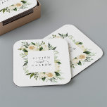 Ivory Bloom | Personalised Floral Frame Wedding Square Paper Coaster<br><div class="desc">Our Ivory Bloom watercolor floral wedding collection features delicately painted watercolor greenery,  eucalyptus foliage,  green botanical foliage and white and ivory peony flowers. Personalise these custom coasters with your names,  joined by a decorative script accent.</div>
