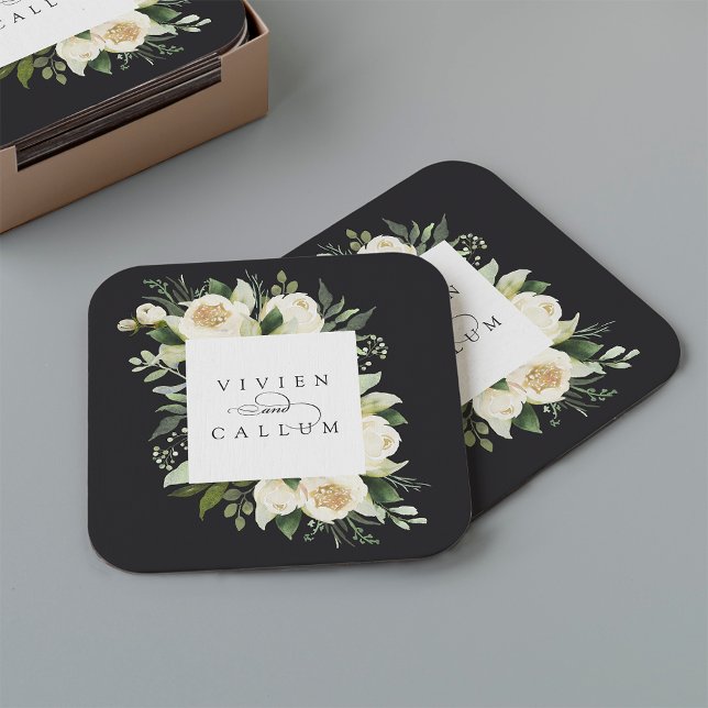 Ivory Bloom | Personalised Floral Frame Wedding Square Paper Coaster (Creator Uploaded)