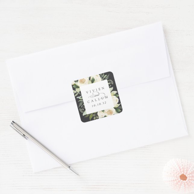 Ivory Bloom | Personalised Floral Frame Wedding Square Sticker (Envelope)