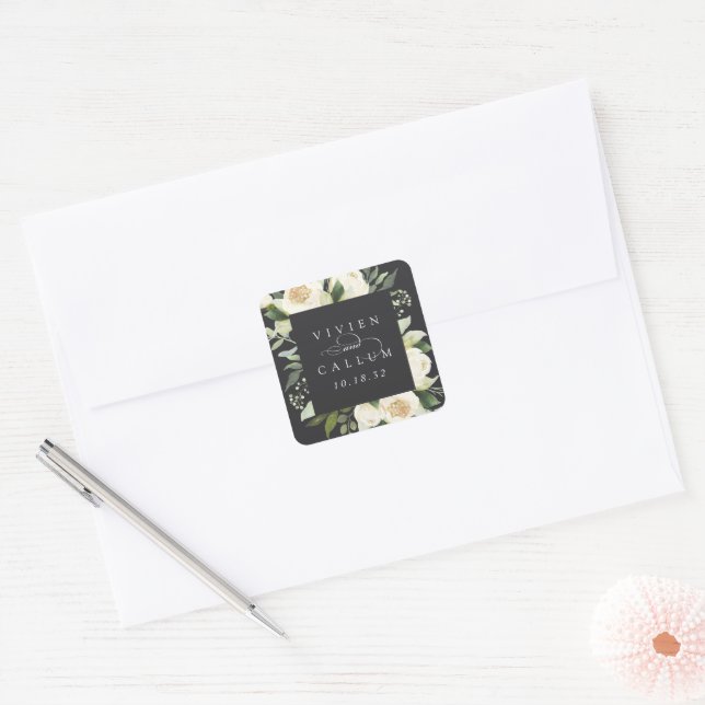 Ivory Bloom | Personalised Floral Frame Wedding Square Sticker (Envelope)
