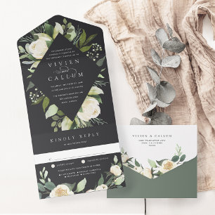 Ivory Bloom Watercolor Floral Frame Wedding All In One Invitation