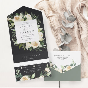 Ivory Bloom Watercolor Floral Frame Wedding All In One Invitation
