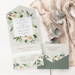 Ivory Bloom   Watercolor Floral Frame Wedding All In One Invitation