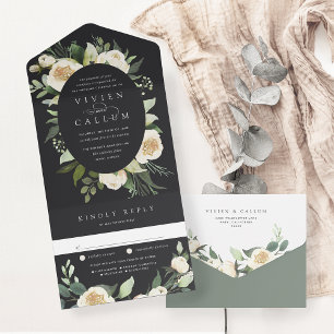 Ivory Bloom Watercolor Floral Oval Frame Wedding All In One Invitation