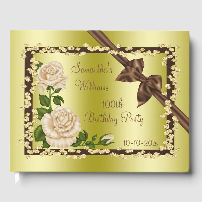 Ivory Blossom, Bows & Diamonds 100th Birthday Guest Book (Front)