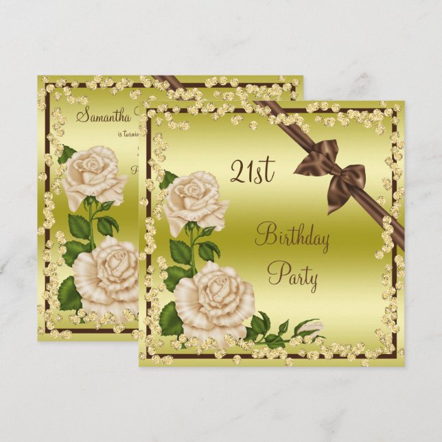 Ivory Blossom, Bows & Diamonds 21st Birthday Invitation (Front/Back)