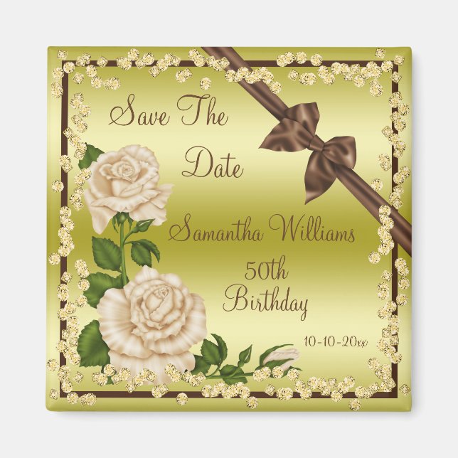 Ivory Blossom, Bows & Diamonds 50th Save The Date Magnet (Front)