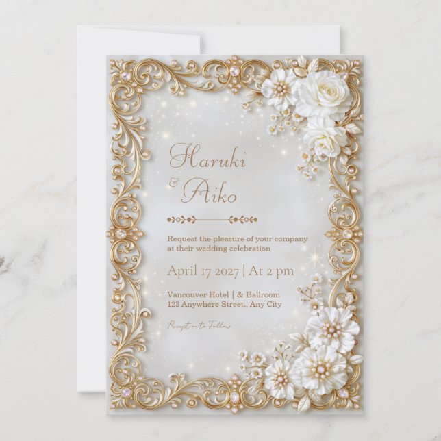 Ivory Blossom Gold Filigree Frame Wedding Invitation (Front)