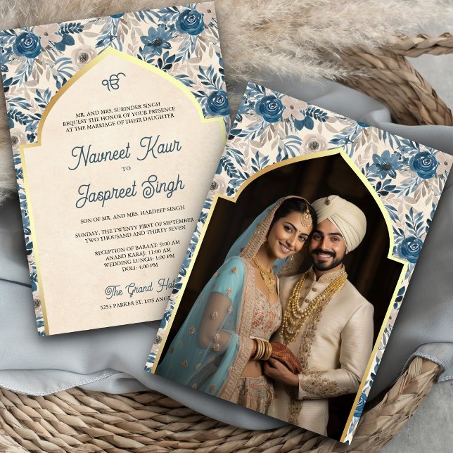 Ivory Blue Floral Photo Anand Karaj Sikh Wedding Invitation (Creator Uploaded)
