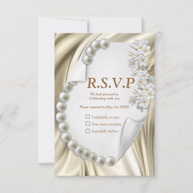 Ivory,Blue,Green Gold Silk & Pearls RSVP Card (Front)