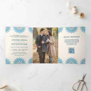 Ivory Blue Mandala Ethnic QR Code Indian Wedding Tri-Fold Invitation