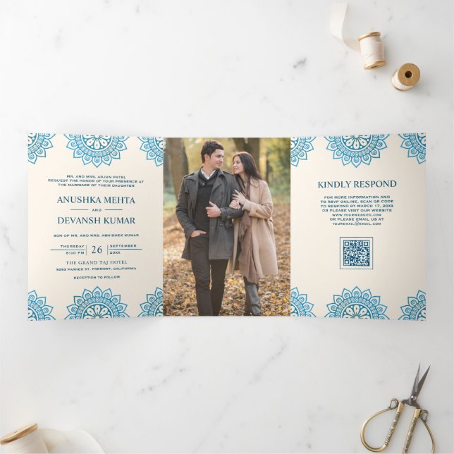 Ivory Blue Mandala Ethnic QR Code Indian Wedding Tri-Fold Invitation (Inside)