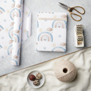 Ivory Blue Taupe Boho Rainbow Clouds Star Boy Gift Wrapping Paper