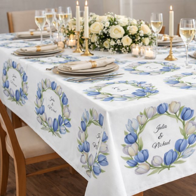 Ivory blue Tulips Wreath Wedding Decor Newlyweds Tablecloth (Creator Uploaded)