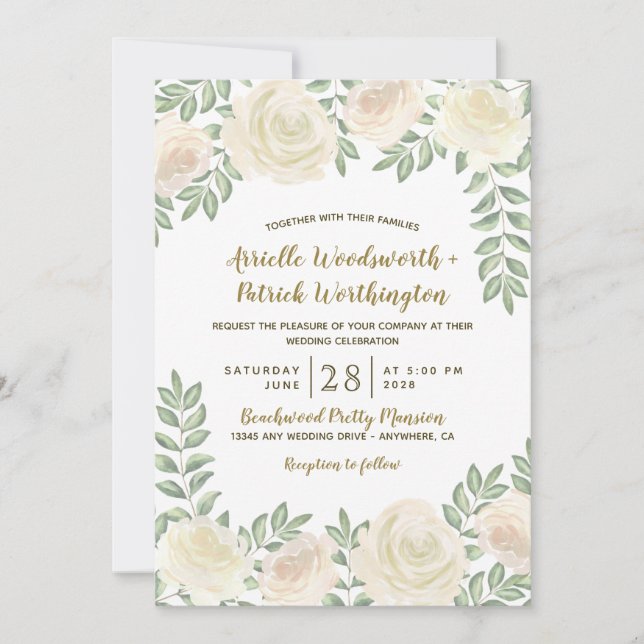Ivory Blush Champagne Floral Wedding Invitations (Front)