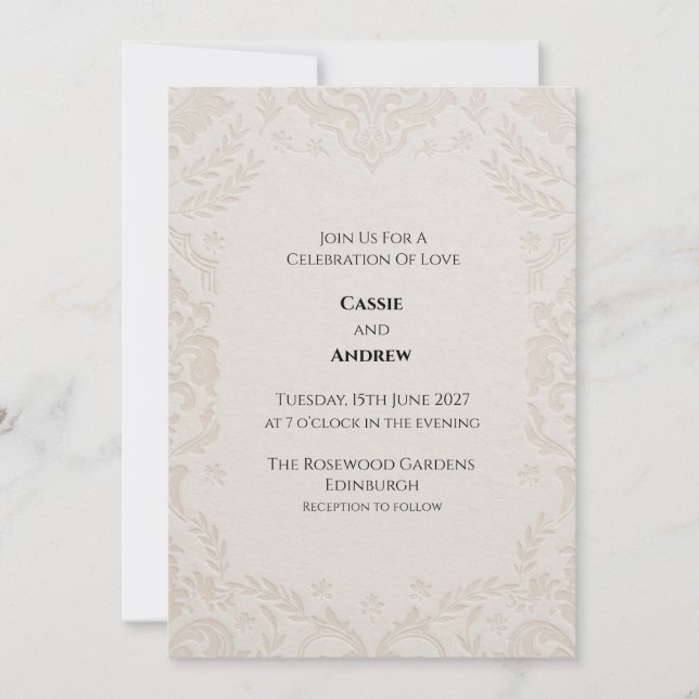 Ivory Blush Damask Floral Wedding Invitation (Front)