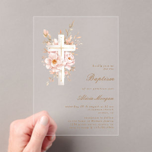 Ivory Blush Floral Cross Baptism Invitation