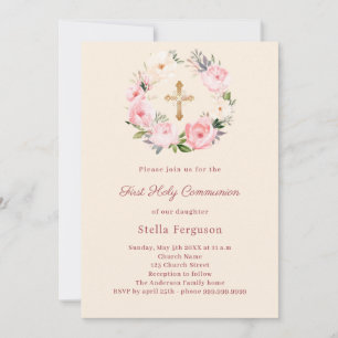 Ivory blush florals cross First Communion Invitation