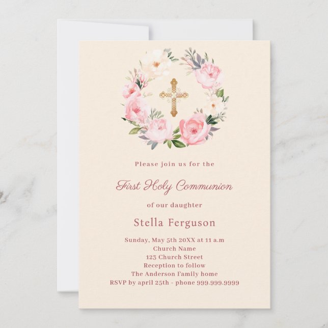 Ivory blush florals cross First Communion Invitation (Front)