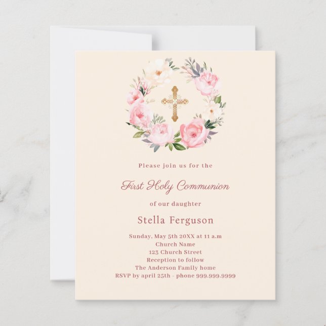 Ivory blush florals First Communion invitation (Front)