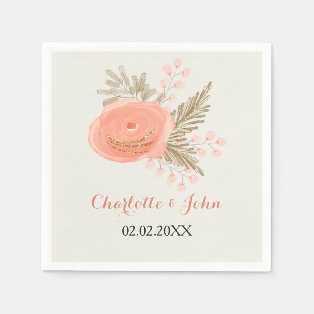 ivory blush gold floral wedding napkin (Front)