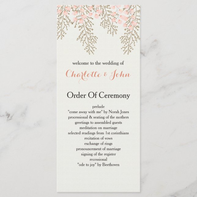 ivory blush gold floral wedding programs programme (Front)