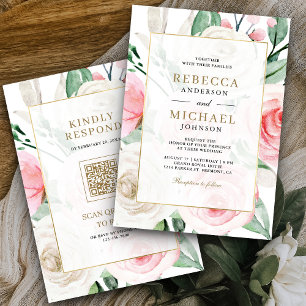 Ivory Blush Pink Floral Gold Frame QR Code Wedding Invitation
