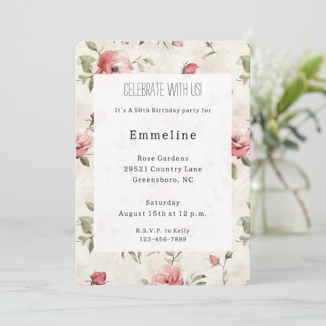 Ivory Blush Pink Roses Floral Birthday Invitation (Standing Front)