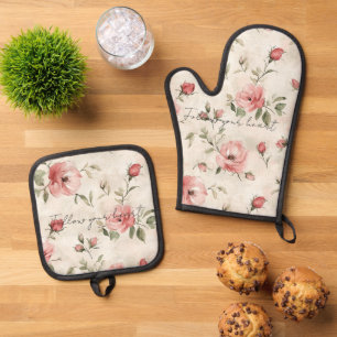 Ivory Blush Pink Roses Floral Oven Mitt & Pot Holder Set