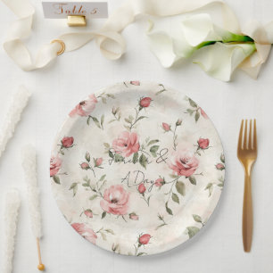 Ivory Blush Pink Roses Floral Wedding Paper Plate