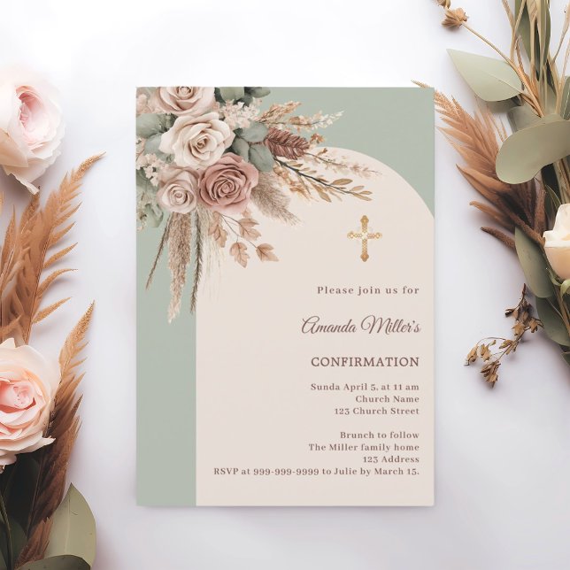 Ivory blush roses sage green arch Confirmation Invitation (Creator Uploaded)