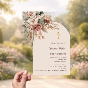 Ivory blush taupe roses pampas arch Confirmation Acrylic Invitations