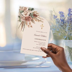 Ivory blush taupe roses pampas arch Confirmation Acrylic Invitations