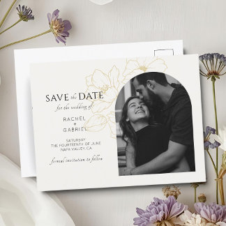 Ivory | Boho Arch Gold Floral Wedding Postcard
