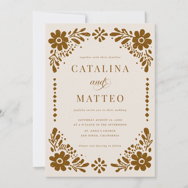 Ivory Boho Hand Drawn Mexican Papel Picado Wedding Invitation (Front)