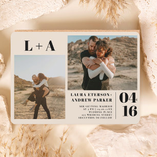 Ivory bold minimalist initials 2 photos wedding invitation
