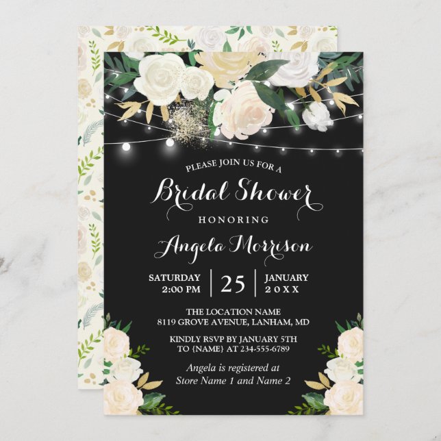 Ivory Botanical Floral String Lights Bridal Shower Invitation (Front/Back)