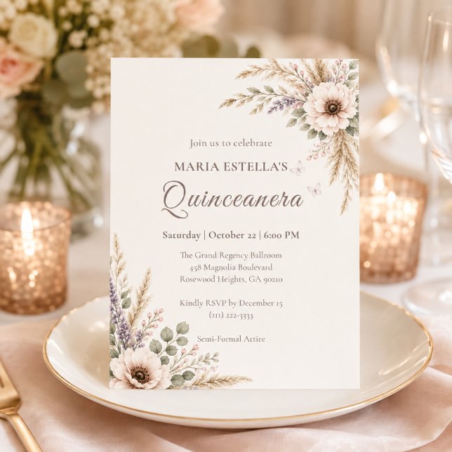 Ivory Botanical Quinceañera Invitation (Creator Uploaded)