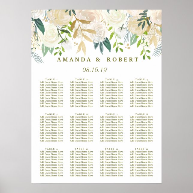 Ivory Bouquet Floral Wedding  Seating Chart (Front)